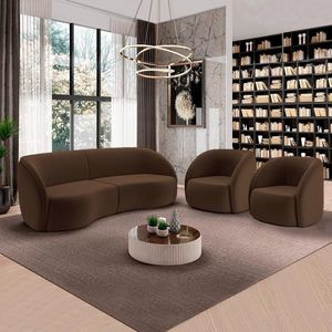 Conjunto Sofá Sala De Estar Bipartido 288cm E 2 Poltronas Clarke Veludo Marrom G45 - Gran Belo