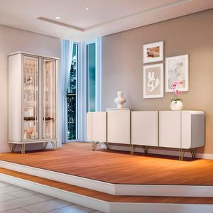 Kit De Aparador Buffet Saluti E Cristaleira Evora Pés De Aço Off White