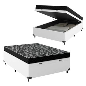 Cama Box Baú Viúva 128 Tecido Sintético Branco Com Colchão Espuma D20 - Tampo Preto Bello Box 12cm