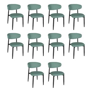 Kit 10 Cadeiras De Jantar Lucy Estrutura Aço Carbono Laminado Preto Com Estofado Linho Verde