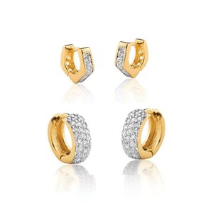 Conjunto Brinco De Argolas Primeiro E Segundo Furo Zirconias Com Argolinha Losango Banhado Em Ouro 18k