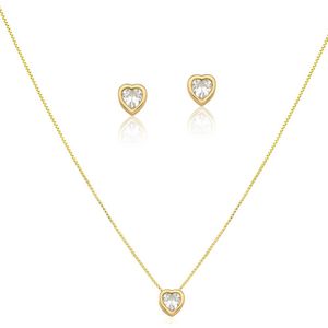 Conjunto Colar Brinco Ponto De Luz Coração Banhado Em Ouro