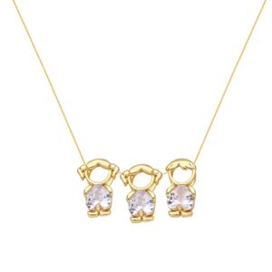 Colar Filhos Duas Meninas E Um Menino Cristal Banho Em Ouro 18k