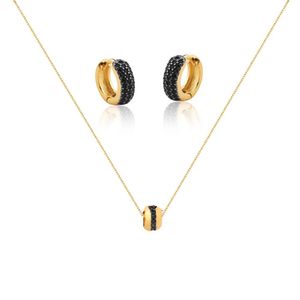 Conjunto Colar E Brinco Arabella Com Zirconias Cor Preta E Cristal Banhado Ouro 18k