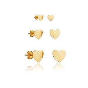 Kit Trio De Brincos Coração Chapa De 8mm, 6mm E 4mm Banhado Em Ouro 18k