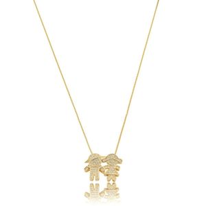 Colar Com Pingente Filhos Menina Menino Zirconias Banhado Ouro