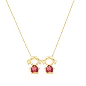 Colar Mãe E Filhas Duas Meninas Cristal Vermelho Banhado Ouro