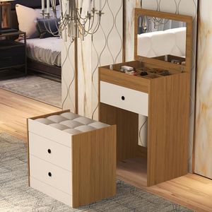Penteadeira Olivia 3 Gavetas Banqueta Embutida Com Rodizios Nature/off White Nature/off White