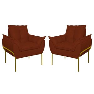 Kit 02 Poltronas Base Metal Dourada Sala Quarto Balaqui Decor Terracota