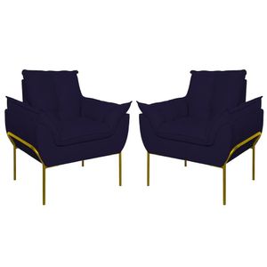 Kit 02 Poltronas Base Metal Dourado Sala, Quarto Escritório Azul Marinho