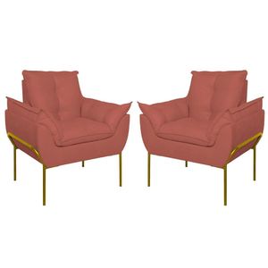 Kit 02 Poltronas Base Metal Dourado Sala, Quarto Escritório Rosa