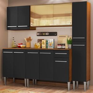 Cozinha Completa Madesa Emilly West Com Balcão Armário Vidro Reflex E Paneleiro - Rustic/Preto