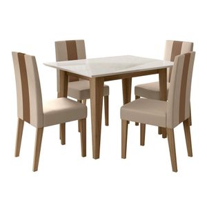 Cj De Sala De Jantar Mesa Belle Tampo De Vidro E 4 Cadeiras Carvalho Com Off White