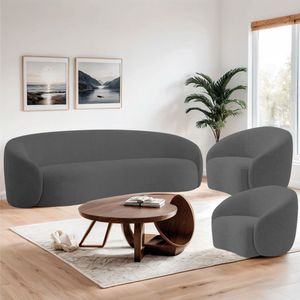 Kit Sofá 3 Lugares 180cm E 2 Poltronas Orgânica Luxo Recepção Amore Linho Cinza Escuro