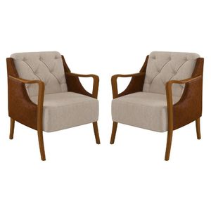 Kit 2 Poltronas Decorativas Para Sala De Estar Capitonê Lapa M22 Pu Camel/linho Cru - Mpozenato