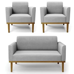 Sofá Namoradeira E 2 Poltronas Base Madeira Castanho Maressa Suede Cinza - Ibiza