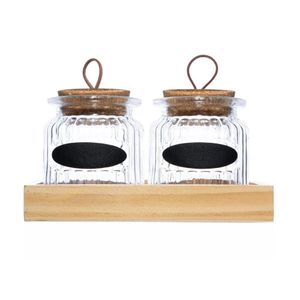Kit Com 2 Potes De Vidro 260ml E Suporte Em Madeira