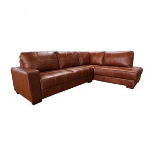 Sofá De Couro Canto Marrocos 3 Lugares Com Chaise Direita Conhaque Com Brilho - Mempra Design