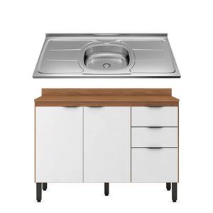 Balcão Demóbile Firenze + Pia Para Cozinha - 120x53cm Amêndola Com Branco