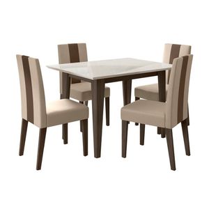 Cj De Sala De Jantar Mesa Belle Tampo De Vidro E 4 Cadeiras Amêndoa Com Off White