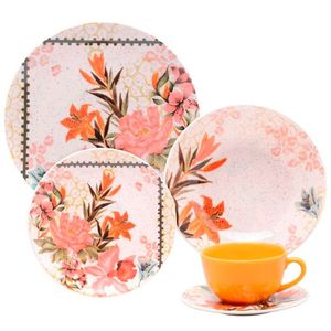 Aparelho P Jantar 20 Pçs Oxford Unni Buque Tropical Cerâmica Branco Com Amarelo