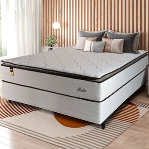 Cama Box Casal Hellen Malta Linho Com Molas Ensacadas Bege