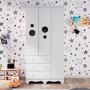 Guarda Roupa Infantil Duda Com 3 Portas 3 Gavetas Peroba Branco Brilho