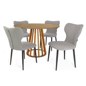 Conjunto Mesa De Jantar Redonda Talia Amadeirada Natural 120cm Com 4 Cadeiras Estofadas Jacobsen - Cinza