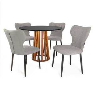 Conjunto Mesa De Jantar Redonda Talia Amadeirada Preta 100cm Com 4 Cadeiras Estofadas Jacobsen - Cinza