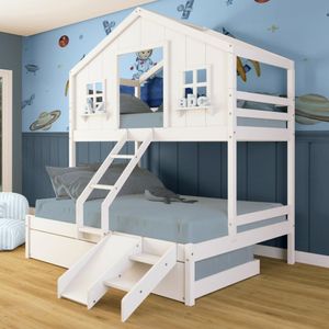 Treliche Casal/ Solteiro Casinha Dos Sonhos Kit Escada/ Escorregador Madeira Maciça Branco Megamobilia