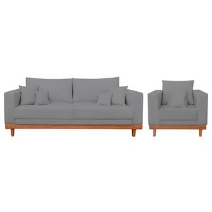 Kit Poltrona Living + Sofá 2 Lugares Com Base Madeira Linho Grafite