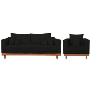Kit Poltrona Living + Sofá 3 Lugares Com Base Madeira Suede Preto