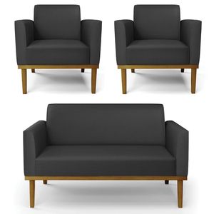 Sofá Namoradeira E 2 Poltronas Base Madeira Castanho Maressa Sintético Preto - Ibiza