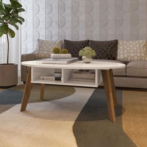 Mesa De Centro Tampo Oval 2 Nichos 100 Cm Off White Cedro Arly