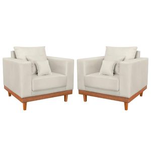Kit 2 Poltronas Suede Resistentes Base Madeira + Almofadas Bege