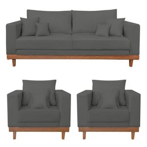 Kit 2 Poltronas Living + Sofá 2 Lugares Base Madeira Suede Cinza
