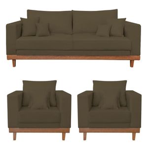 Kit 2 Poltronas Living + Sofá 2 Lugares Base Madeira Suede Marrom