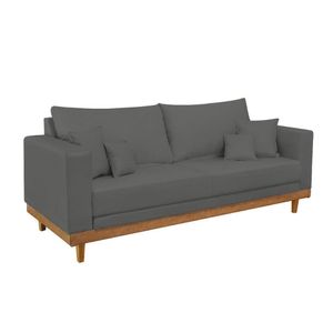 Sofá Living 3 Lugares Linho Resistente Madeira + Almofadas Cinza