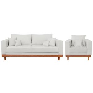 Kit Poltrona + Sofá Reforçado Com Base Madeira Linho Bege
