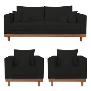Kit 2 Poltrona + Sofá 2 Lugares Reforçado Base Madeira Suede Preto