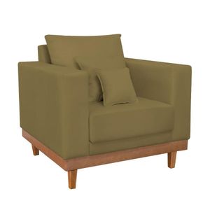 Poltrona Reforçada Suede Pés E Base Madeira Com Almofadas Capuccino