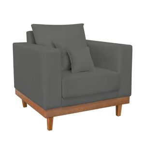 Poltrona Reforçada Suede Pés E Base Madeira Com Almofadas Cinza