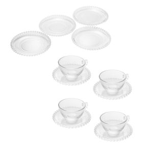 Combo Kit Para Chá 4 Xícaras 180 Ml Com Pires + 4 Pratos Sobremesa Pearl Bolinha Wolff Transparente