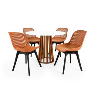 Conjunto Mesa De Jantar Redonda Talia Amadeirada Branca 100cm Com 4 Cadeiras Design Marcela Marrom