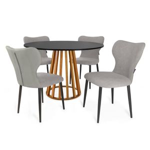 Conjunto Mesa De Jantar Redonda Talia Amadeirada Preta 120cm Com 4 Cadeiras Estofadas Jacobsen - Cinza