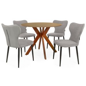 Conjunto Mesa De Jantar Redonda Marci 100cm Natural Com 4 Cadeiras Estofadas Jacobsen - Cinza