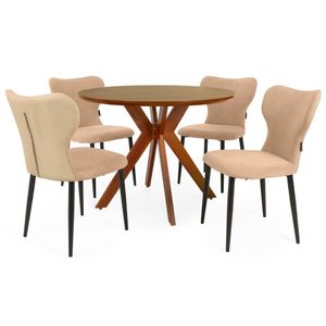 Conjunto Mesa De Jantar Redonda Marci Premium 100cm Natural Com 4 Cadeiras Estofadas Jacobsen - Bege