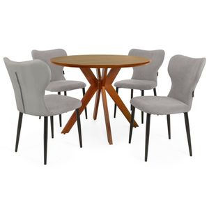 Conjunto Mesa De Jantar Redonda Marci Premium 100cm Natural Com 4 Cadeiras Estofadas Jacobsen - Cinza