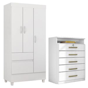 Kit Guarda Roupa Solteiro 3 Portas Wind Cômoda Triunfo Branco