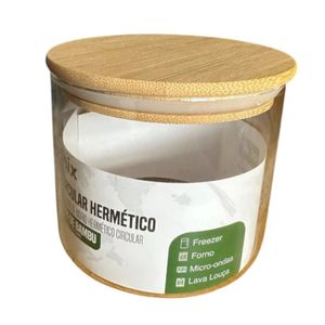 Pote De Vidro Circular Hermético Multiuso Com Tampa De Bambu 500ml